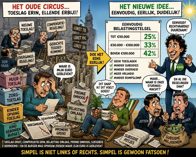 WimdenOudsten's tweet photo. 𝐁𝐞𝐥𝐚𝐬𝐭𝐢𝐧𝐠 𝐬𝐢𝐦𝐩𝐞𝐥 𝐦𝐚𝐤𝐞𝐧? 𝐏𝐚𝐬 𝐨𝐩, 𝐃𝐞𝐧 𝐇𝐚𝐚𝐠 𝐤𝐫𝐢𝐣𝐠𝐭 𝐮𝐢𝐭𝐬𝐥𝐚𝐠 𝐯𝐚𝐧 𝐞𝐞𝐧𝐯𝐨𝐮𝐝
Stel je eens voor.
Een belastingstelsel dat je aan de keukentafel kunt uitleggen zonder drie fiscalisten, een toeslagenadviseur, een rekenmodel en een kalmeringsmiddel.
Bijvoorbeeld:
𝟐𝟓 𝐩𝐫𝐨𝐜𝐞𝐧𝐭 𝐛𝐞𝐥𝐚𝐬𝐭𝐢𝐧𝐠 𝐭𝐨𝐭 €𝟓𝟎.𝟎𝟎𝟎.
𝟑𝟑 𝐩𝐫𝐨𝐜𝐞𝐧𝐭 𝐯𝐚𝐧 €𝟓𝟎.𝟎𝟎𝟎 𝐭𝐨𝐭 €𝟏𝟎𝟎.𝟎𝟎𝟎.
𝟒𝟐 𝐩𝐫𝐨𝐜𝐞𝐧𝐭 𝐛𝐨𝐯𝐞𝐧 €𝟏𝟎𝟎.𝟎𝟎𝟎.
Klaar.
Helder. Begrijpelijk. Overzichtelijk. De burger weet waar hij aan toe is. De ondernemer weet waar hij aan toe is. De gepensioneerde weet waar hij aan toe is. De werkende Nederlander hoeft niet langer door een fiscale doolhof te kruipen waarin achter elke bocht een heffingskorting, afbouwregeling, toeslagval, premie, inkomensgrens of beleidsmatige rattenval ligt.
Maar ja.
Dit is Nederland.
In Nederland is eenvoud voor Den Haag ongeveer wat knoflook is voor een vampier.
Een simpel belastingstelsel betekent dat de overheid minder kan goochelen. Minder kan schuiven. Minder kan lokken. Minder kan straffen. Minder kan compenseren. Minder kan zeggen: “Wij helpen u gericht”, nadat ze eerst je portemonnee via zeven loketten hebben leeggelepeld.
Een land als Nederland zou best met eenvoudige belastingschijven kunnen werken. Niet als wondermiddel, niet als gratis geldmachine, maar als schoon schip. Minder belasting op werk. Minder rondpompen. Minder formulieren. Minder toeslagen. Minder verborgen armoedeval. Minder ambtenaren die bezig zijn met het repareren van problemen die het systeem zelf veroorzaakt.
Maar dan moet er iets gebeuren waar Den Haag allergisch voor is: echt kiezen.
Toeslagen moeten dan niet “vereenvoudigd” worden, maar verdwijnen. Aftrekposten moeten niet “herijkt” worden, maar beperkt. Subsidies moeten niet “anders worden vormgegeven”, maar geschrapt. De overheid moet niet “wendbaarder” worden, maar kleiner en vooral: Den Haag moet niet via de achterdeur nieuwe “gerichte tegemoetkomingen” verzinnen.
Want dat is de klassieke Haagse truc.
Eerst zegt men: we schaffen toeslagen af.
Applaus.
Daarna zegt men: sommige groepen moeten natuurlijk wel worden ondersteund.
Begrip.
Vervolgens komt er een tijdelijke compensatie.
Zorgvuldig.
Daarna wordt die compensatie structureel.
Noodzakelijk.
Vijf jaar later zit de burger opnieuw in een systeem van inkomensgrenzen, aanvraagformulieren, terugvorderingen, correcties, voorschotten, naheffingen en digitale wanhoop.
Dan heet het geen toeslag meer.
Dan heet het bijvoorbeeld een bestaanszekerheidsbijdrage, gerichte koopkrachtcorrectie, maatschappelijke draagkrachtkorting of transitietegemoetkoming voor huishoudens in kwetsbare situaties.
Zelfde circus. Nieuwe tent. Duurdere kaartjes.
Dat is de reden dat belastinghervorming in Nederland bijna altijd eindigt als behang over schimmel. Het ziet er even fris uit, tot de geur terugkomt.
De burger wil eenvoud. Den Haag wil sturing. Daar zit de botsing.
Een eenvoudig stelsel zegt: dit zijn de tarieven, dit zijn de regels, succes ermee.
Het Haagse stelsel zegt: wij nemen eerst veel van u af, geven daarna een stukje terug als u in de juiste categorie valt, trekken dat weer in als u €4 te veel verdient, sturen u vervolgens een terugvordering omdat uw situatie in maart anders was dan in november, en noemen dat sociaal beleid.
Sociaal?
Het toeslagenstelsel is geen sociaal vangnet meer. Het is een bureaucratische fuik met empathische folders.
Dan vragen politici zich af waarom mensen het vertrouwen kwijt zijn.
Omdat miljoenen Nederlanders allang hebben geleerd dat een brief van de overheid zelden begint met goed nieuws. Misschien omdat werken soms nauwelijks loont door afbouw van toeslagen. Misschien omdat mensen bang zijn om een paar uur extra te werken, omdat ze niet weten welke regeling dan ontploft. Misschien omdat de overheid eerst complexiteit maakt en daarna loketten opent om burgers door die complexiteit te begeleiden.
Dat heet dan dienstverlening.
Nee.
Dat heet een zelfgebouwde brand blussen met subsidiebenzine.
Een stelsel met 25, 33 en 42 procent zou in elk geval één ding doen: het maakt zichtbaar wat nu verstopt zit. Het maakt duidelijk hoeveel de staat pakt. Het maakt de rekening eerlijker. Geen fiscale rookgordijnen. Geen verdwijntrucs. Geen politiek toneel waarbij lastenverlaging aan de voorkant wordt verkocht en via premies, heffingen, accijnzen en afbouwregelingen aan de achterkant weer wordt teruggehaald.
Maar juist daarom is de kans klein dat Den Haag het echt aandurft.
Want overzicht is gevaarlijk.
Als burgers precies zien wat zij betalen, gaan ze namelijk vragen stellen.
Waarom betalen wij zoveel?
Waar gaat het heen?
Waarom zoveel subsidies?
Waarom zoveel tussenlagen?
Waarom zoveel fondsen?
Waarom zoveel regelingen?
Waarom zoveel ambtenaren om geld rond te pompen dat eerst bij ons is weggehaald?
Dat zijn gevaarlijke vragen in een land waar de overheid zichzelf graag presenteert als redder, terwijl zij vaak eerst de oorzaak is van de financiële verstikking.
Laten we eerlijk zijn: veel toeslagen bestaan omdat basiszaken te duur zijn geworden. Zorgpremie te hoog? Zorgtoeslag. Huur te hoog? Huurtoeslag. Kinderopvang onbetaalbaar? Kinderopvangtoeslag. Koopkracht kapot? Noodpakket. Energie niet te betalen? Compensatie. Belastingdruk te hoog? Heffingskorting. Heffingskorting te ingewikkeld? Voorlichtingscampagne.
Zo bouw je geen rechtvaardig land.
Zo bouw je een geldwasstraat waarin de burger zijn eigen euro nat, vertraagd en verkleind terugkrijgt.
Daarom zou een echte hervorming hard moeten zijn. Niet hard voor de burger, maar hard voor het systeem.
Schrap rondpompen.
Schrap subsidies die vooral adviseurs, consultants en lobbyclubs voeden.
Schrap aftrekposten die het stelsel scheef maken.
Schrap toeslagen die mensen afhankelijk houden van voorschotten en terugvorderingen.
Schrap overheidsbemoeienis die vooral bestaat omdat er ooit een probleem is gecreëerd door eerdere overheidsbemoeienis.
Maar ja, dan raak je belangen.
En belangen hebben in Den Haag vaak betere lobbyisten dan burgers.
Dus krijgen we waarschijnlijk het bekende resultaat.
Toeslag eruit.
Compensatie erin.
Belasting omlaag.
Premie omhoog.
Subsidie geschrapt.
Fonds opgericht.
Regeling afgeschaft.
Tegemoetkoming ingevoerd.
Bureaucratie verminderd.
Uitvoeringsloket uitgebreid.
Na afloop staat er een minister trots te vertellen dat het allemaal eenvoudiger is geworden.
Voor wie?
Voor de burger die opnieuw moet uitzoeken of hij recht heeft op de nieuwe regeling die de oude regeling vervangt die was afgeschaft om het eenvoudiger te maken?
Voor de ondernemer die minder belasting betaalt maar meer premies, verplichtingen en rapportages krijgt?
Voor de gepensioneerde die geen toeslag meer krijgt maar via energiebelasting, zorgpremie en gemeentelijke lasten alsnog wordt geplukt?
Voor het gezin dat netto iets meer lijkt over te houden totdat de huur, zorg, opvang, boodschappen en accijnzen de winst weer opeten?
Dat is de Haagse eenvoud: een gordijn voor dezelfde rommel.
Een echt simpel stelsel zou pijn doen aan de politieke klasse, omdat het minder ruimte laat voor koopkrachtreparatie, electorale cadeautjes, doelgroepbeleid en morele theaterstukjes. Je kunt dan niet meer iedere groep apart toespreken met een eigen regeling. Je kunt minder makkelijk vlak voor verkiezingen met “gerichte steun” strooien. Je kunt minder makkelijk beleid verkopen als barmhartigheid terwijl het gewoon teruggave is van eerder afgepakt geld.
Precies daarom is eenvoud revolutionair.
Niet omdat 25, 33 en 42 procent magische tarieven zijn.
Maar omdat ze iets doen wat Den Haag vreest: ze trekken het gordijn open.
Ze zeggen tegen de burger: dit is wat u betaalt en tegen de overheid: daar moet u het mee doen.
Wat een schokkend idee.
Een overheid die moet rondkomen.
Daar krijgt men in Den Haag waarschijnlijk koude rillingen van.
Want in Den Haag is geld nooit op. Het is alleen nog niet opgehaald.
Daarom zal echte belastinghervorming alleen slagen als er één ijzeren regel komt: geen nieuwe toeslagen via de achterdeur. Geen compensatiecircus. Geen nieuwe potjes met vriendelijke namen. Geen subsidies die worden herboren als “investeringsinstrument”. Geen premieverhogingen om belastingverlaging te camoufleren.
𝐆𝐞𝐰𝐨𝐨𝐧: 𝐦𝐢𝐧𝐝𝐞𝐫 𝐨𝐯𝐞𝐫𝐡𝐞𝐢𝐝, 𝐦𝐢𝐧𝐝𝐞𝐫 𝐫𝐨𝐧𝐝𝐩𝐨𝐦𝐩𝐞𝐧, 𝐥𝐚𝐠𝐞𝐫𝐞 𝐥𝐚𝐬𝐭𝐞𝐧, 𝐝𝐮𝐢𝐝𝐞𝐥𝐢𝐣𝐤𝐞𝐫𝐞 𝐭𝐚𝐫𝐢𝐞𝐯𝐞𝐧.
Lukt dat niet?
Dan krijgen we weer precies wat we altijd krijgen.
Een nieuw systeem dat verdacht veel lijkt op het oude systeem, maar met mooiere woorden.
Dan wordt de toeslag afgeschaft en de tegemoetkoming geboren.
Dan daalt de belasting en stijgt de premie.
Dan verdwijnt de subsidie en verschijnt het fonds.
Dan wordt het eenvoudiger op papier en ingewikkelder in het leven.
De burger?
Die mag opnieuw zoeken waar zijn euro is gebleven.
Waarschijnlijk ligt hij ergens in Den Haag.
Onder een stapel routekaarten, compensatieregelingen en een beleidsnota met als titel: “Naar een eenvoudiger stelsel.”