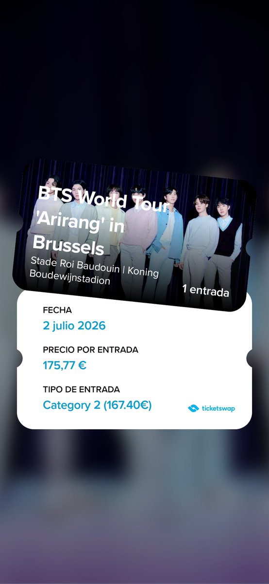 Miriam6296's tweet photo. Hi! I am selling one ticket for BTS Day 2 in Brussels as I found 2 tickets next to each other for my sister and me! 💜 #BTS #Arirang #Brussels https://t.co/qypPDMqBpE https://t.co/CSB7Pm67jI
