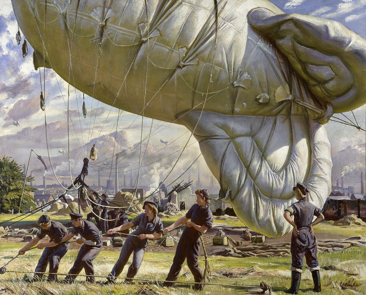 paulg's tweet photo. This amazing WW II painting by Laura Knight is effectively a combination of a still life and figures in a landscape, because that huge barrage balloon works like, and is painted like, an object in a still life. https://t.co/nrILJ6HhSW