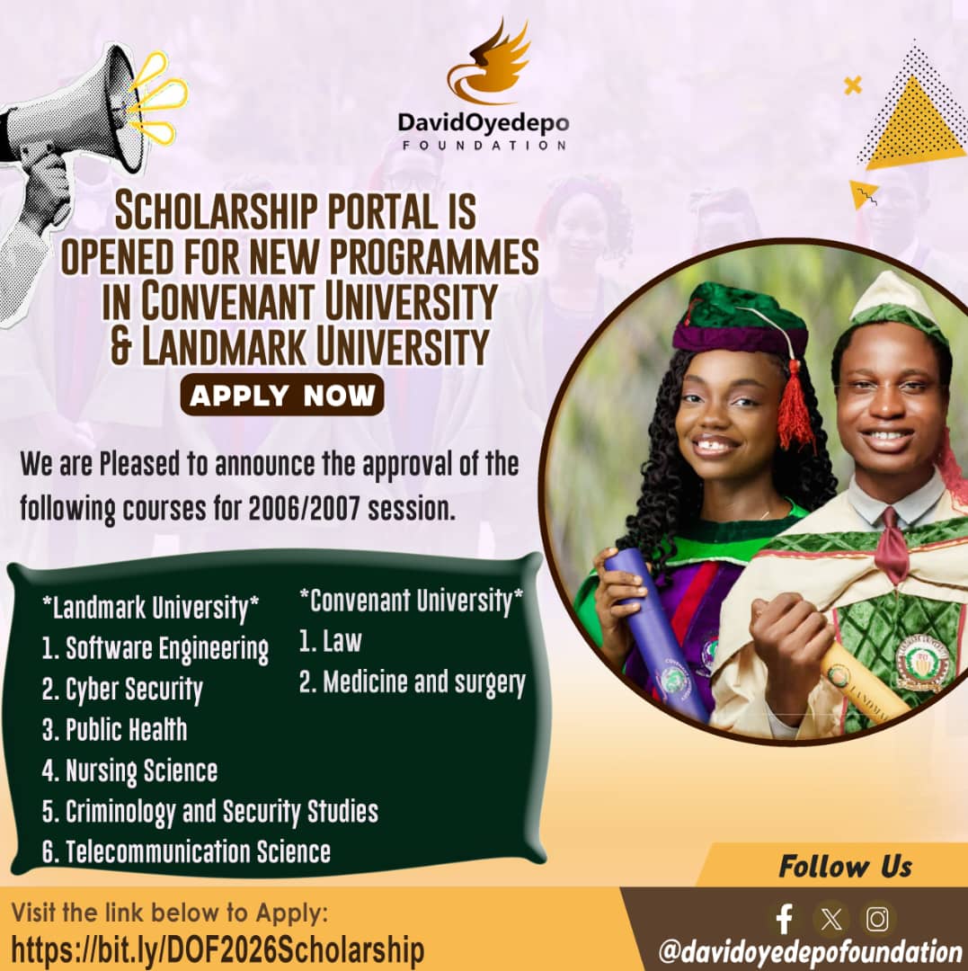 DavidOyedepoFdn's tweet photo. https://t.co/cN9CY3MF05
Note: Application portal closes Friday 17th, July 2026. 
#davidoyedepofoundation 
#DavidOyedepoMin 
#covenantuniversity 
#landmarkuniversity 
#hebron https://t.co/DriC4pV6GP
