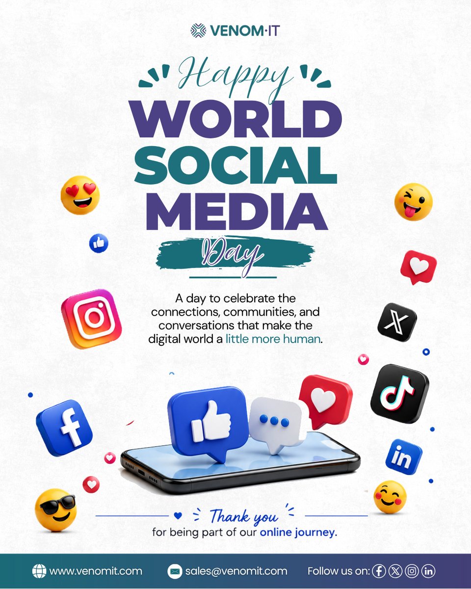 VenomIT's tweet photo. 𝗛𝗮𝗽𝗽𝘆 𝗪𝗼𝗿𝗹𝗱 𝗦𝗼𝗰𝗶𝗮𝗹 𝗠𝗲𝗱𝗶𝗮 𝗗𝗮𝘆!

Social media is more than just likes and shares; it’s about connections, conversations, communities, and the stories that bring us closer every day.

Thank you for being a part of our digital journey.

#WorldSocialMediaDay https://t.co/hHmQ2u6YYM