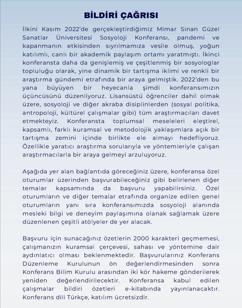 msgsukonferansi's tweet photo. 📣 MSGSÜ SOSYOLOJİ KONFERANSI 2026 BİLDİRİ BAŞVURULARI BAŞLADI!

Başvuru Linki: https://t.co/fzHZF8wTmr

📆  Son Başvuru Tarihi: 24 Ağustos 2026.

Detaylı bilgi için çağrı metnimizi inceleyebilirsiniz: https://t.co/OOMw32HDKb