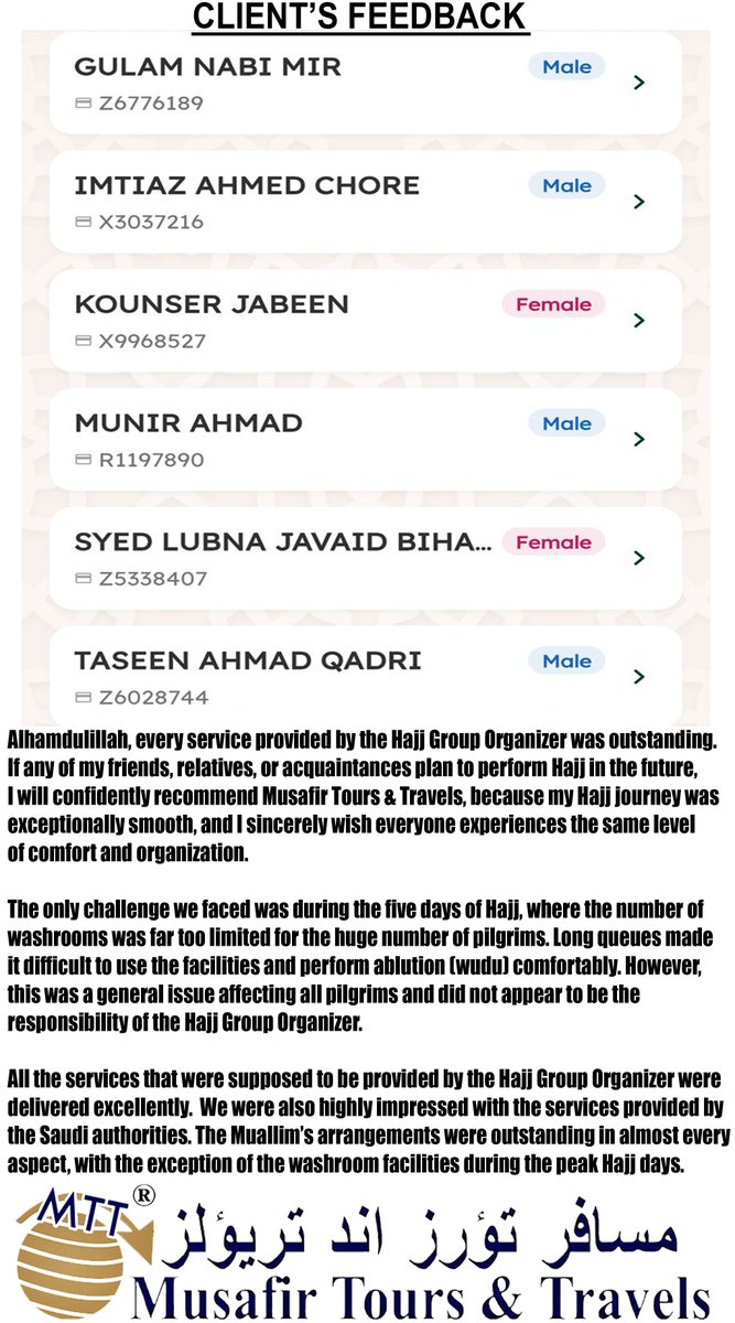 musafirind_com's tweet photo. Our Clients Feedback Haj 2026
Always Musafir https://t.co/sQQAAwnyUM