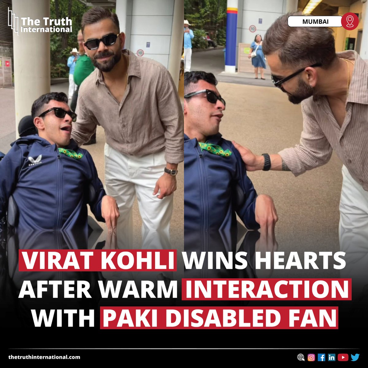 ttimagazine's tweet photo. Virat Kohli Wins Hearts After Warm Interaction With Pakistani Disabled Fan
FOR FULL STORY: https://t.co/y0kTb7VS9k
#ViratKohli #Wins #Hearts #Interaction #Pakistani #DisabledFan #Mumbai #TTI https://t.co/eDsBnELfPW