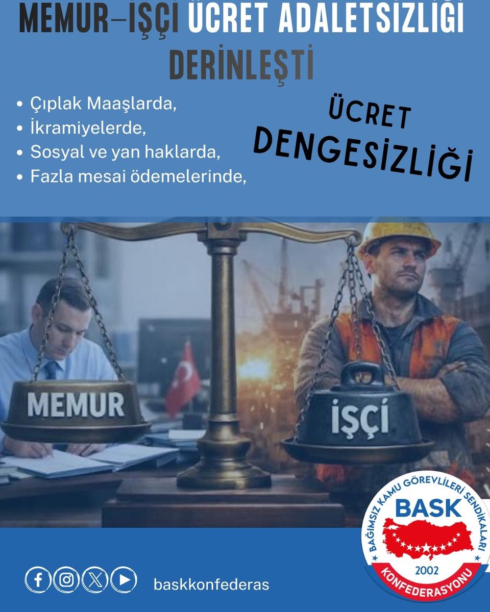 baskkonfederas's tweet photo. MEMUR-İŞÇİ ÜCRET ADALETSİZLİĞİ DERİNLEŞTİ!

Son yıllarda kamu kurumlarında görev yapan memurlar ile kamu işçileri arasında oluşan ücret farkı giderek artmakta ve kamu vicdanını rahatsız eden ciddi bir adaletsizliğe dönüşmektedir.

Öncelikle ifade etmek isteriz ki; yerin yüzlerce metre altında çalışan maden işçilerimiz, yüksek gerilim hatlarında görev yapan emekçilerimiz gibi ağır fiziki koşullarda çalışan işçilerimiz bu değerlendirmemizin dışındadır. Bu alanlarda görev yapan çalışanlarımızın emeği son derece kıymetlidir ve her türlü takdiri hak etmektedir.

Ancak kamuoyunun dikkatine sunduğumuz husus; kamu kurumlarında memurlar ile aynı ortamda, aynı işi yapan büro ve hizmet birimlerinde görevli kamu işçileridir.

Bir tarafta üniversite mezunu, KPSS gibi zorlu sınav süreçlerinden geçerek kamu görevine atanan memurlar;
diğer tarafta geçmişte taşeron olarak çalışıp daha sonra kadroya geçirilen, büyük çoğunluğu üniversite mezunu olmayan kamu işçileri bulunmaktadır.

Bugün gelinen noktada;

➡️ Birçok kurumda ortalama bir memurun aylık geliri 60.000 – 65.000 TL bandında kalırken,
➡️ Aynı birimde çalışan kamu işçilerinin ikramiye, fazla mesai ve sosyal haklarla birlikte aylık ortalama gelirleri 75.000 – 85.000 TL seviyelerine ulaşabilmektedir.
Bazı kurumlarda bu fark daha da açılmaktadır.

Bu tablo;

📌 Çıplak maaşlarda,
📌İkramiyelerde,
📌 Sosyal ve yan haklarda,
📌 Fazla mesai ödemelerinde,
açık bir ücret dengesizliği olduğunu ortaya koymaktadır.

Eğitim ve sorumluluk esasına dayalı kamu personel sistemi ciddi şekilde zedelenmiştir.

Okumanın, üniversite bitirmenin ve sınavlarla kamu görevine girmenin adeta cezalandırıldığı bir yapı oluşmuştur.

Bizler emeğin her türlüsüne saygılıyız.

Ancak aynı işi yapan personel arasında ücret uçurumları kabul edilemez.

Yıllardır enflasyon karşısında alım gücü sürekli eriyen memurların gelirleri ciddi biçimde gerilemiş, kamu çalışanları arasında derin bir adaletsizlik ortaya çıkmıştır.

TALEPLERİMİZ AÇIKTIR:

➡️ Aynı işi yapan kamu personeli arasında adil ücret dengesi sağlanmalıdır.
➡️ Memurların yıllardır biriken enflasyon kayıpları telafi edilmelidir.
➡️ Sosyal ve yan haklar memurlar lehine güçlendirilmelidir.
➡️ Eğitim, liyakat ve sorumluluk esas alınarak ücret politikası yeniden düzenlenmelidir.
➡️ Kamu personel sistemi bütüncül bir yaklaşımla ele alınmalıdır.

ÇAĞRIMIZDIR:

Sosyal devlet anlayışı; adaleti, hakkaniyeti ve dengeli ücret politikasını zorunlu kılar.

Yetkilileri; kamu çalışanları arasında giderek derinleşen bu ücret uçurumunu görmezden gelmemeye, memurların haklı taleplerine kulak vermeye ve ivedilikle gerekli düzenlemeleri yapmaya davet ediyoruz.

Bu adaletsizlik sürdürülebilir değildir.
