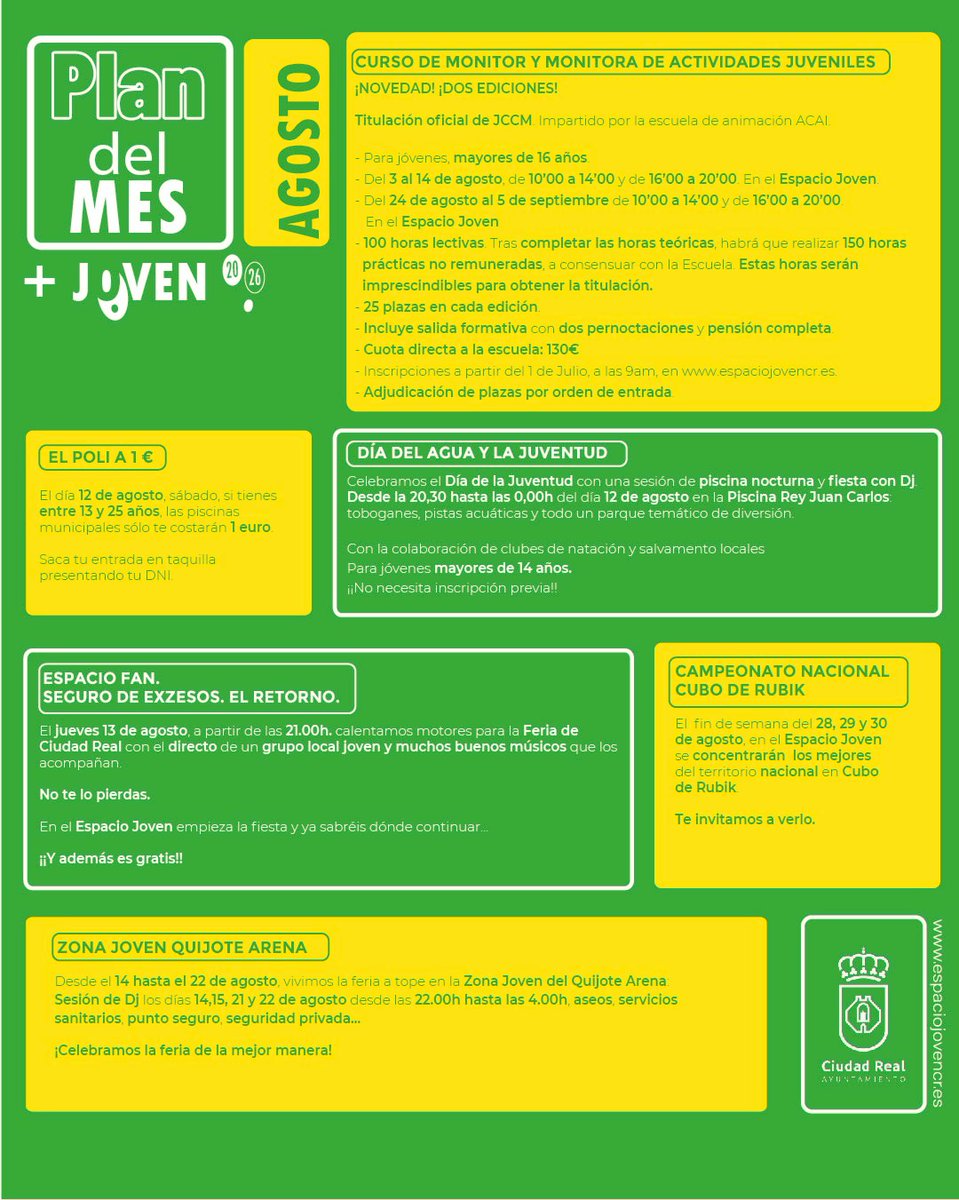 AYTO_CIUDADREAL's tweet photo. ☀️🎉 Este verano, la diversión tiene nombre: Verano+Joven.

📅 Las inscripciones para las actividades con plazas limitadas se abren el 1 de julio a las 9:00 h.

💻 Toda la información e inscripciones en https://t.co/Bs2znC8x69.

Este verano... ¡tú eliges cómo vivirlo! 😎 https://t.co/8NSs1pamRU
