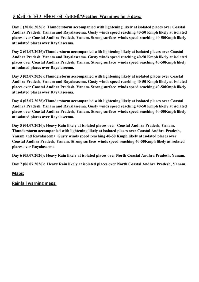 AmaravatiMc's tweet photo. Weather warning for Andhra Pradesh for next five days dated 30-06-2026 #IMD #APWeather #APforecast #MCAmaravati https://t.co/T2eKHvkX5r