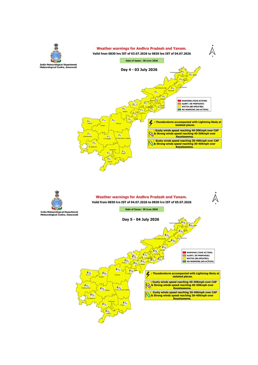 AmaravatiMc's tweet photo. Weather warning for Andhra Pradesh for next five days dated 30-06-2026 #IMD #APWeather #APforecast #MCAmaravati https://t.co/3SFuVSg1yN
