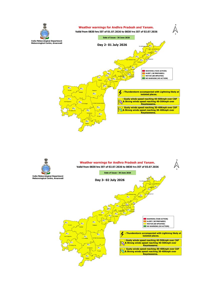 AmaravatiMc's tweet photo. Weather warning for Andhra Pradesh for next five days dated 30-06-2026 #IMD #APWeather #APforecast #MCAmaravati https://t.co/3SFuVSg1yN