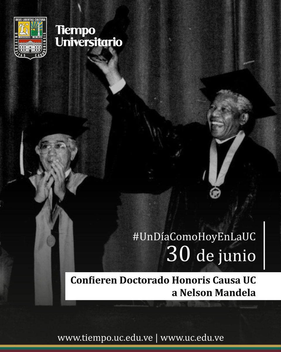 UCarabobo's tweet photo. #UnDíaComoHoyEnLaUC de 1988 la UC confiere el Doctorado Honoris Causa al líder anti apartheid Nelson Mandela, estando en prisión en su natal Sudáfrica. Tres años después viajó a Venezuela y estuvo en Valencia para recibir el reconocimiento. #UC https://t.co/h5ca7xhHJu