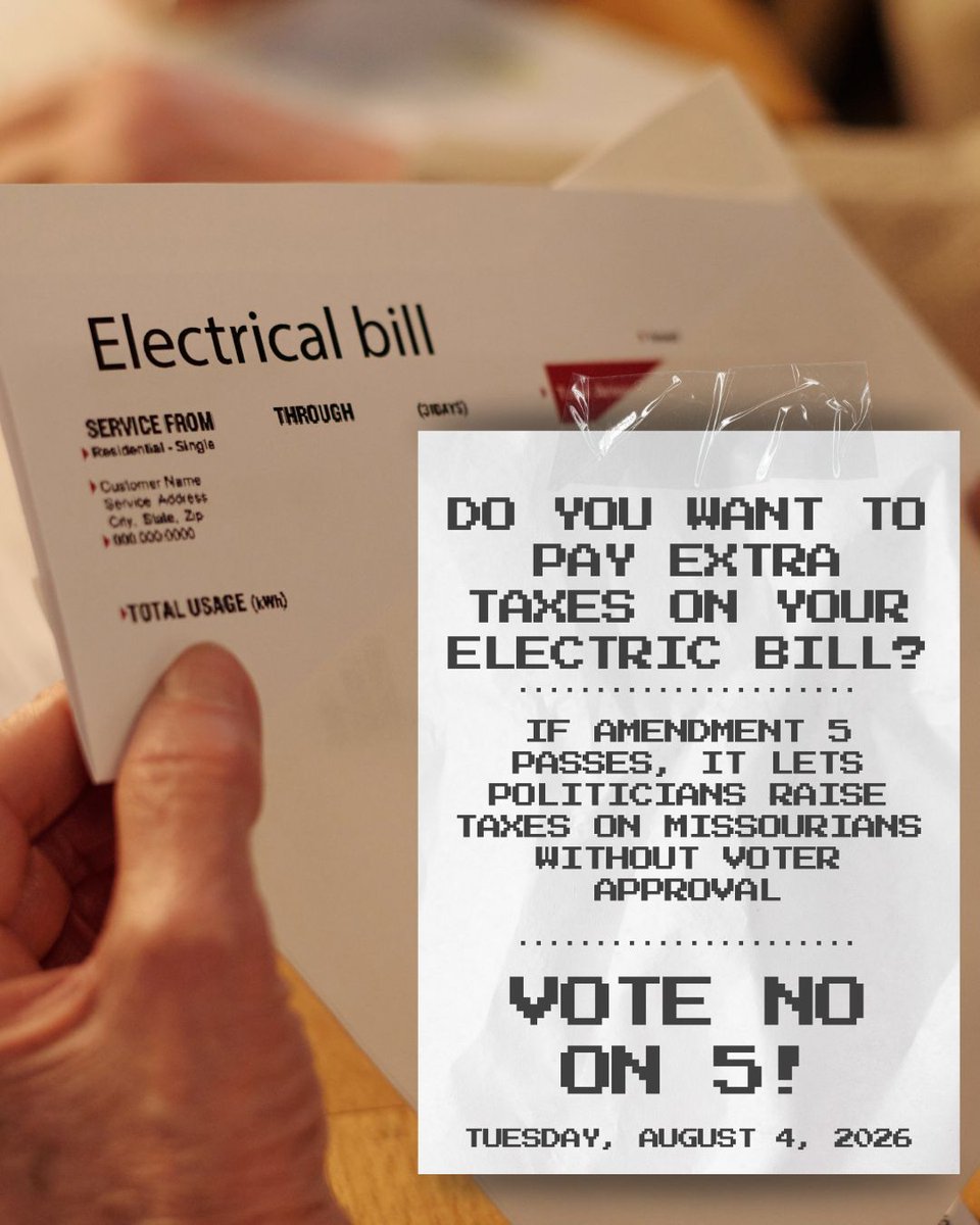 MoDemParty's tweet photo. DAY 21 OF 55: If Amendment 5 passes, Missouri politicians will be able to raise or add taxes on every good or service in your life. You're not getting a tax cut — you're getting taxed to death through a thousand tiny paper cuts.

Vote NO on Amendment 5 on Tuesday, August 4th. https://t.co/J8b90kY2dB