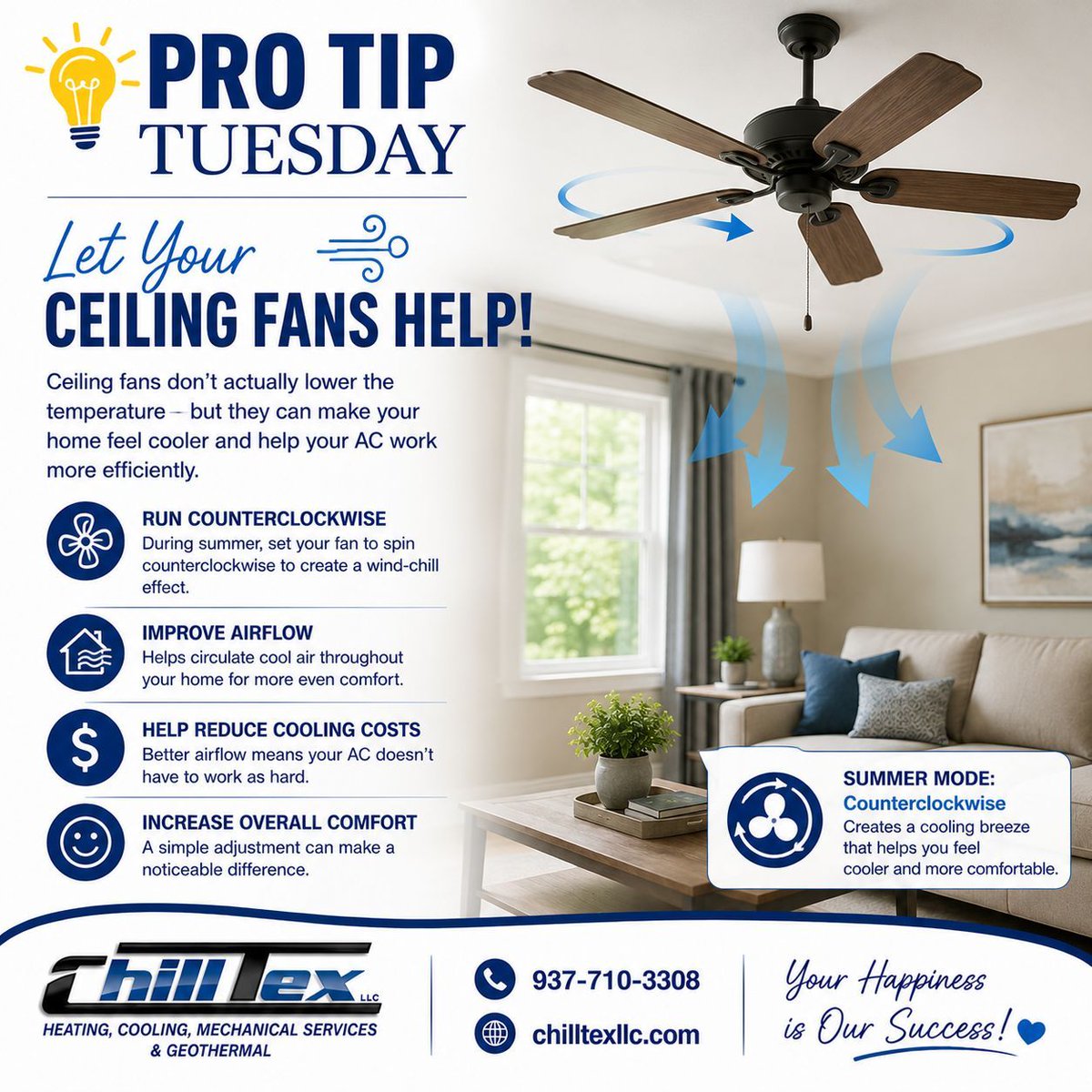 ChillTexHVAC's tweet photo. 💡 Pro Tip Tuesday

Is your ceiling fan spinning the right direction?

🌪️ Summer = counterclockwise

This helps rooms feel cooler, improves airflow, and can help your AC run more efficiently.

📞 937-710-3308
🌐 https://t.co/ysubZyFqhr

#HVACTips #HomeComfort #ChillTex https://t.co/OXCcFvABse