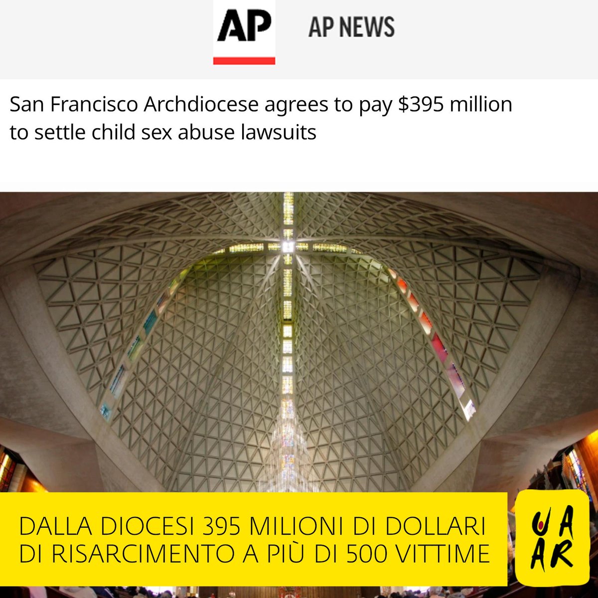 UAAR_it's tweet photo. L’arcidiocesi di San Francisco si è accordata per pagare 395 milioni di dollari in risarcimenti per più di 500 vittime di #abusi commessi da #preti e coperti per decenni. 👇️
https://t.co/k4Un8SzP87 https://t.co/peNQMJsfba