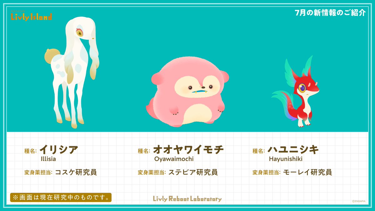 newLivlyIsland's tweet photo. 現在 #リヴリー研究共有会 生配信では
新種リヴリーをお披露目したところです🧪✨️

左から…

#イリシア
#オオヤワイモチ
#ハユニシキ

といいます👏
1匹ずつの紹介はこのあとすぐ！

🎥 https://t.co/W9YKcvTWbT

#リヴリー https://t.co/ihCcF7bbzd