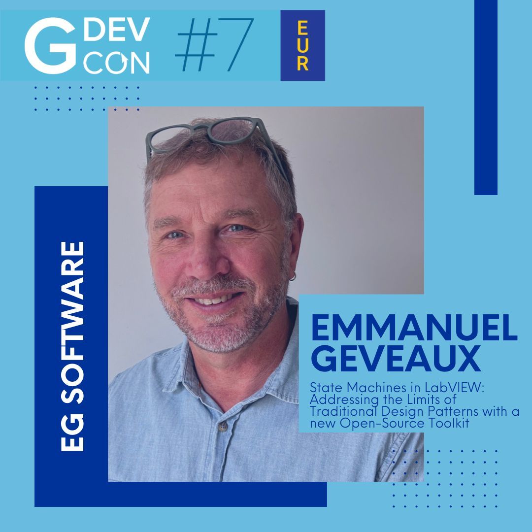 GDevConference's tweet photo. 🎤 #GDevCon Presenter Spotlight - Emmanuel Geveaux
State machines power #LabVIEW - but classic patterns hit limits. Emmanuel introduces a new #opensource toolkit for graphical design, real‑time animation, and runtime reloads.
🎟️ https://t.co/qBC4ZJj6UB https://t.co/w2uUncQMWp