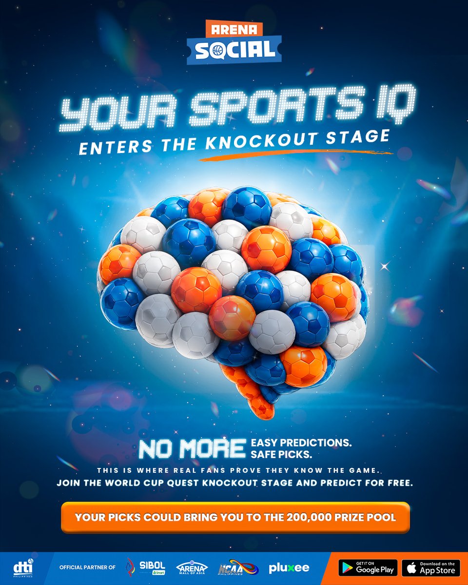ArenaSocialPH's tweet photo. Anyone can predict a favorite.
Real fans predict the Knockout Stage. ⚽
This is where football knowledge separates the contenders from the champions.
🎯 Predict for FREE.
💰 Win from the 200,000 Prize Pool.
 #ArenaSocial #FreeToPlay #FootballPH #WorldCup #FIFAWorldCup #BlastTV #WorldCup2026