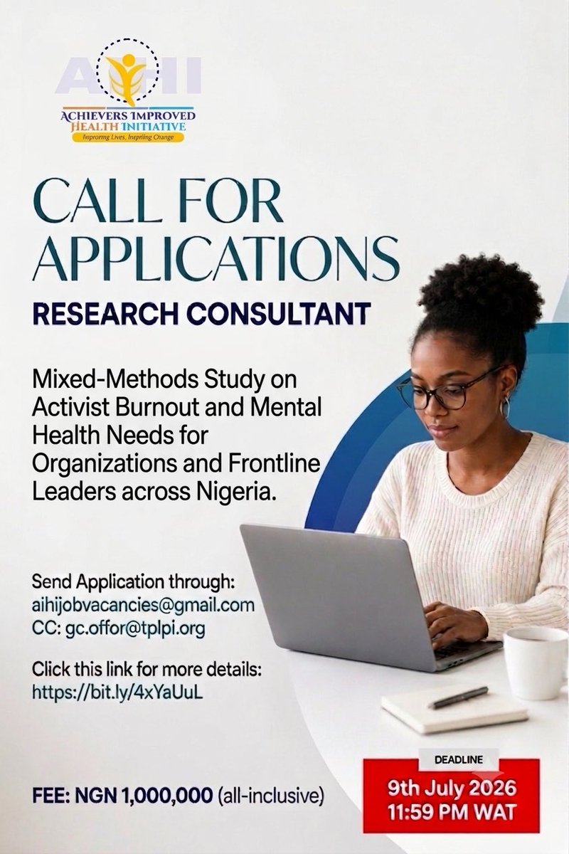 aihi_Nigeria's tweet photo. Read the full Call for Applications and apply:
https://t.co/0ObTRUQHHY
Save this. Share this. Tag a researcher who should apply.
#UbuntuProject #MentalHealth #CallForApplications #Burnout #ActivistWellbeing #Research #CivilSociety https://t.co/GYdTWXSyOG