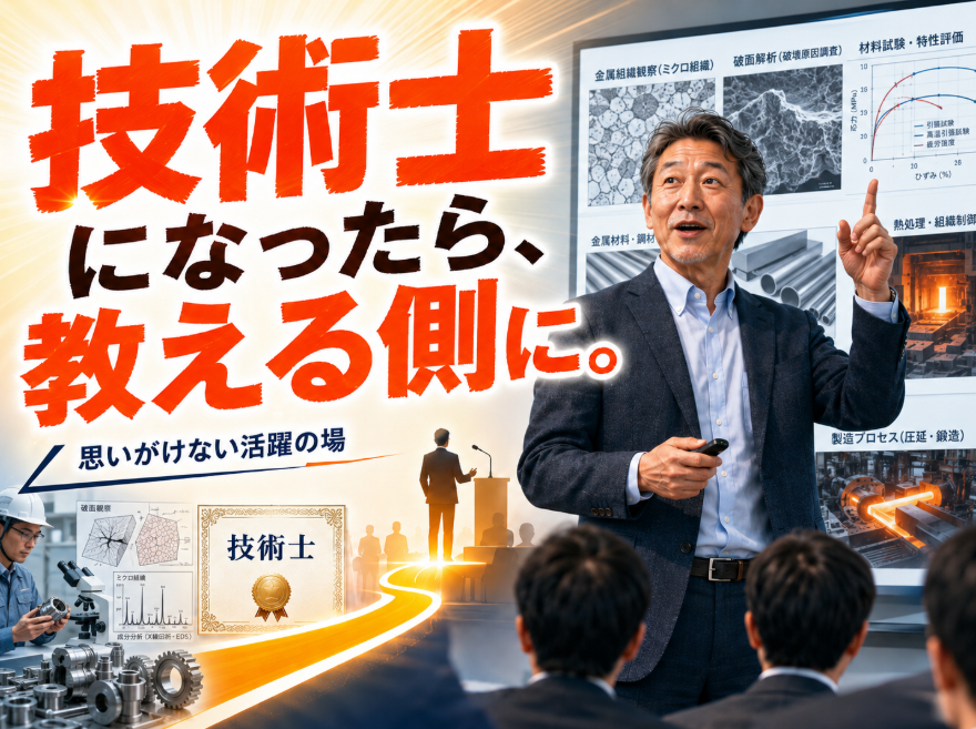 pe_metals_O's tweet photo. 技術士になったら、
思いがけず“教える側”になりました。

技術士になる前は、
技術セミナーの講師といえば
大学の先生や著名な研究者・技術者が務めるものだと思っていました。
しかし、技術士資格を取得したことで、
私にもセミナー講師の機会をいただけるようになりました。
これは私にとって本当に意外なことでした。

技術士は、自分の専門性を
客観的に示すことができる資格です。

もちろん、資格を取っただけで
すぐに仕事につながるわけではありません。

それでも、資格をきっかけに
・技術セミナー講師
・技術記事の執筆
・雑誌・新聞への寄稿
・書籍出版 
 
など、自分の専門性を社会に発信する道が広がることがあります。

いま技術士試験の勉強をしている皆さんへ。

その勉強は、ただ合格するためだけではなく、
自分のこれまでの経験や専門性を
じっくり見直す貴重な時間にもなっています。

技術士試験への挑戦は、
将来の自分の可能性を広げる
一歩になるかもしれません。

技術士資格を、
「自分自身のブランディング」に活用してみませんか？

#技術士 #技術士試験 #技術士資格 #ブランディング