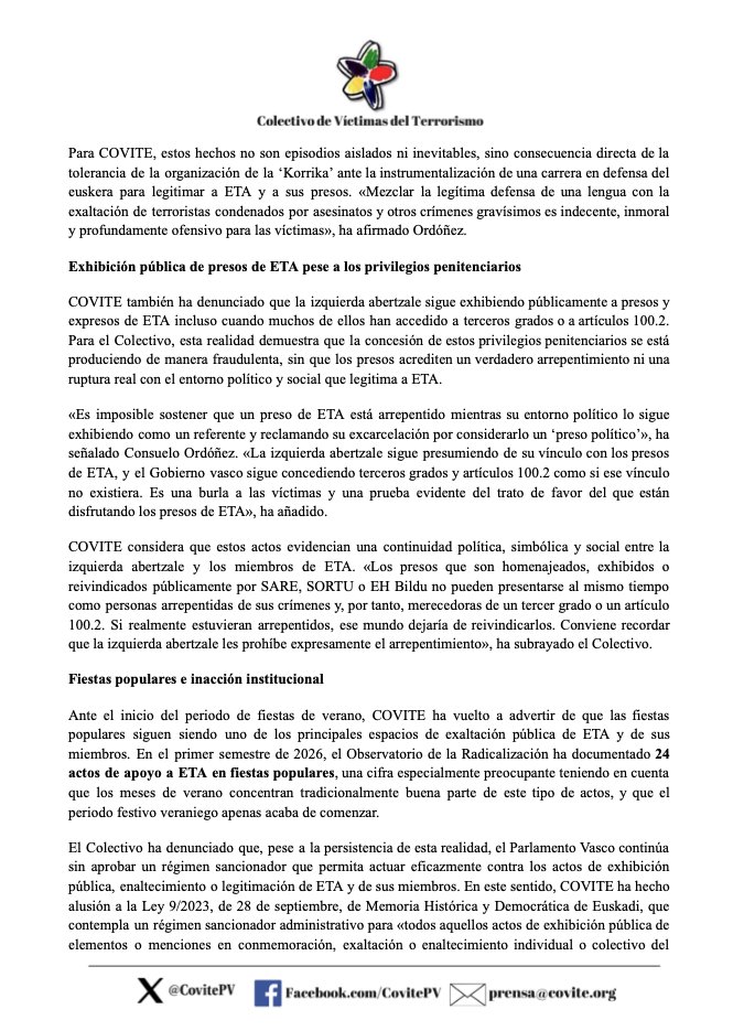 CovitePV's tweet photo. COVITE registra 129 actos de apoyo a ETA en los primeros seis meses de 2026.

Pese a la concesión masiva y fraudulenta de terceros grados y artículos 100.2 por parte del @Gob_eus, la izquierda abertzale sigue exhibiendo públicamente a presos de ETA de forma obscena y provocadora para las víctimas.

https://t.co/1jJ2id1XEE