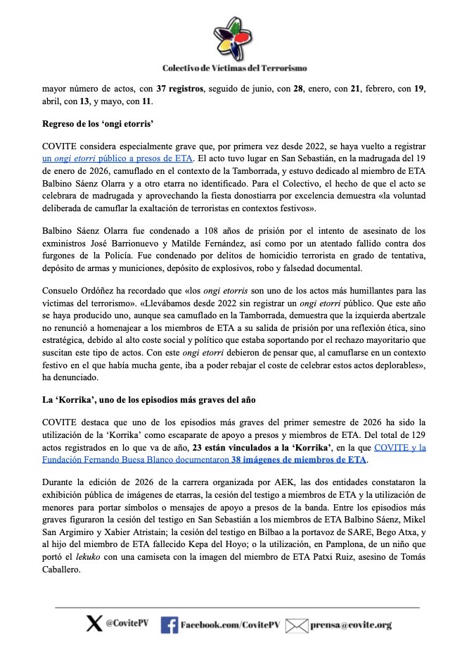 CovitePV's tweet photo. COVITE registra 129 actos de apoyo a ETA en los primeros seis meses de 2026.

Pese a la concesión masiva y fraudulenta de terceros grados y artículos 100.2 por parte del @Gob_eus, la izquierda abertzale sigue exhibiendo públicamente a presos de ETA de forma obscena y provocadora para las víctimas.

https://t.co/1jJ2id1XEE