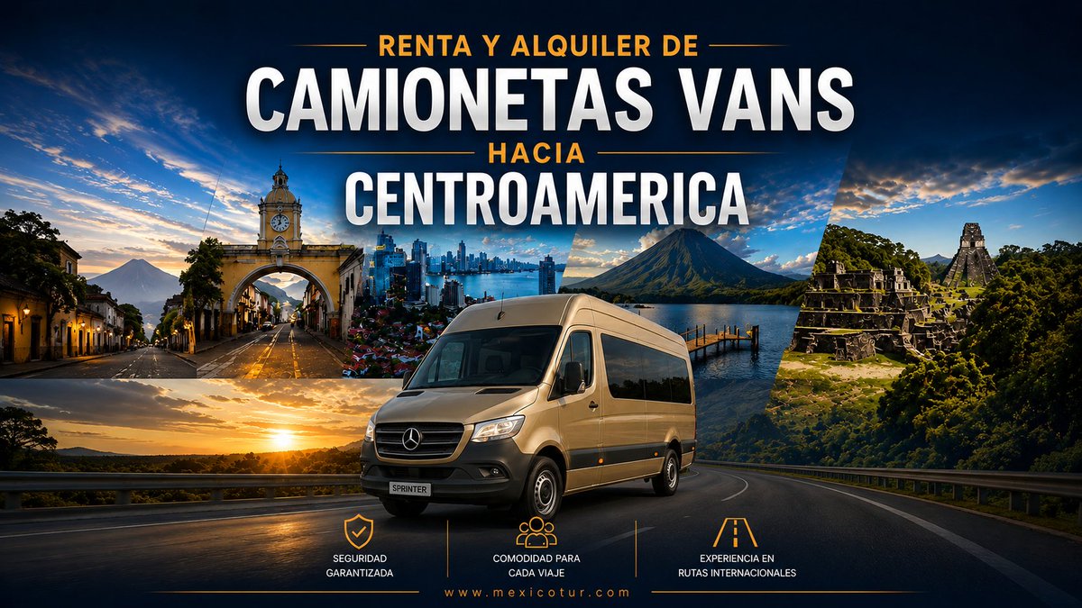 mexicotur's tweet photo. 🚐🌎 Renta de camionetas van de México a Centroamérica. 7 países con chofer incluido. Guatemala, Belice, Honduras, Nicaragua, El Salvador, Costa Rica y Panamá. 🌐 https://t.co/KNcKb0cEqh #MexicoCentroamerica #RentaDeVans https://t.co/ZF8c1wv3Ba