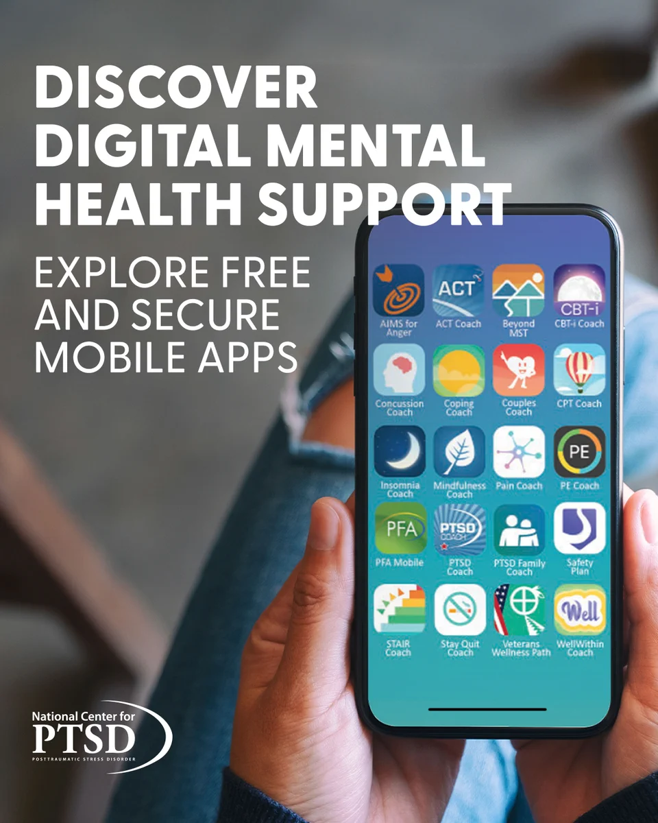 Hand holding smartphone displaying various mental health support app icons.