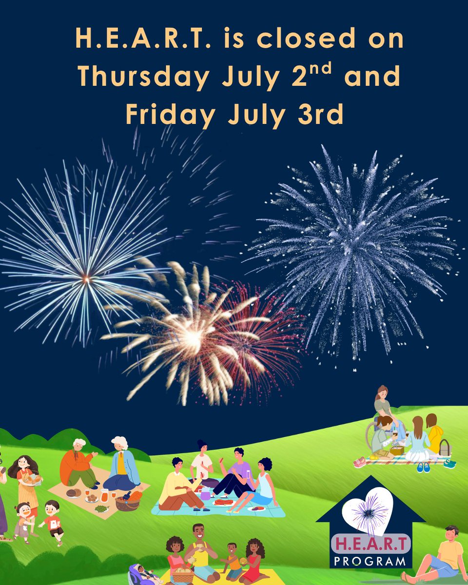 theheartprogram's tweet photo. H.E.A.R.T. will be closed on Thursday July 2nd and Friday July 3rd to give all the staff and trainees who worked the 4th of July a holiday! https://t.co/VOE0qqY5ZR