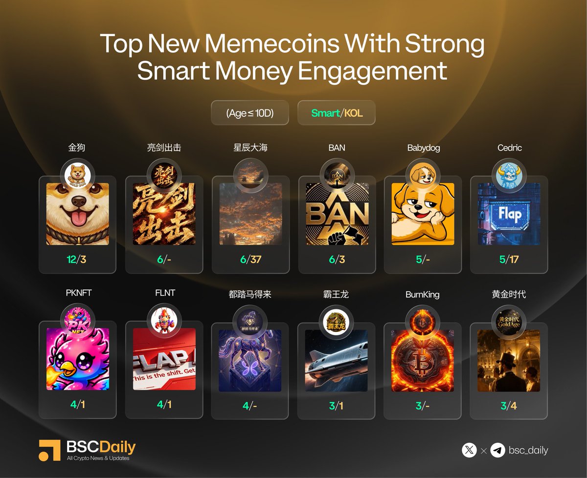 bsc_daily's tweet photo. Top New Memecoins With Strong Smart Money Engagement 🔥

🔸 金狗
🔸 亮剑出击
🔸 星辰大海
🔸 $BAN
🔸 @Babydog_onbsc
🔸 @eth_cedric
🔸 @PK_FLAPMEME
🔸 @FlapAgentBSC
🔸 @sn_krislaine
🔸 @ConcFser32
🔸 @BurnKing_YFI
🔸 @Flaphjsd