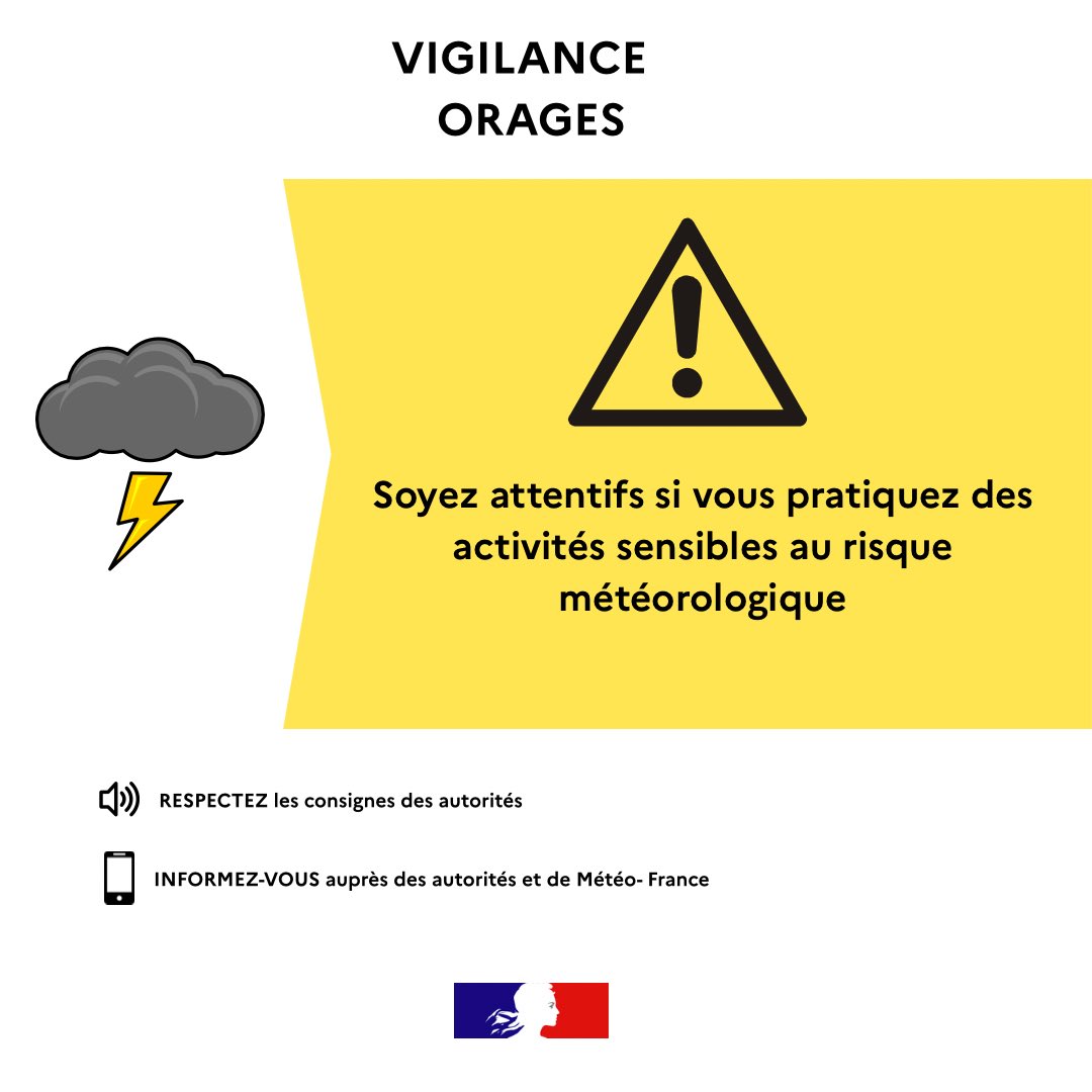 Image de Préfète de la Drôme - #VigilanceJaune | 🌩️ La Drôme est placée en vigilance jaune pour orage aujourd’hui de 14 h à 20 h. 