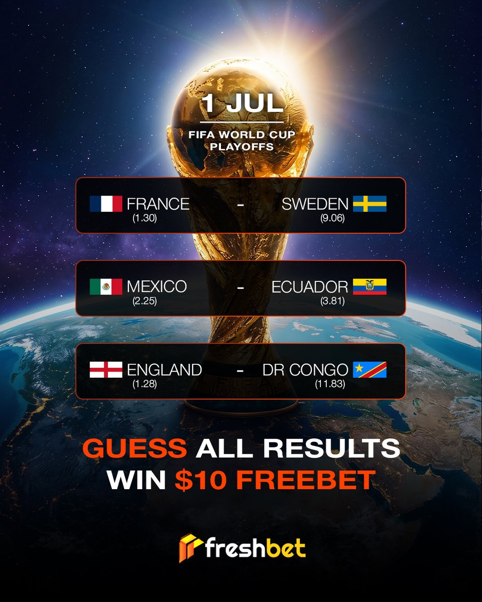 CasinoFreshbet's tweet photo. 🏆 WORLD CUP GIVEAWAY
Predict all three outcomes in the comments (Win, Lose, or Draw)! 3 random correct answers will win a $10 FREEBET each! 🤑

📋 Rules:
Repost this post 🔁

Comment your 3 match outcomes + your username BEFORE the first kickoff (e.g., Ecuador Win, Draw, Sweden Win + Username) 🕒

Only ONE prediction comment per user is allowed 🚫

Edited comments will not count! 🛑

⏳ Winners will be revealed 48 hours after the final whistles. > 💡 P.S. Don't forget our massive $48,000 World Cup Leaderboard is live on-site! Just place World Cup bets (min odds 1.30) to stack points and chase the $10,000 top cash prize until July 20th! 🏆🔥