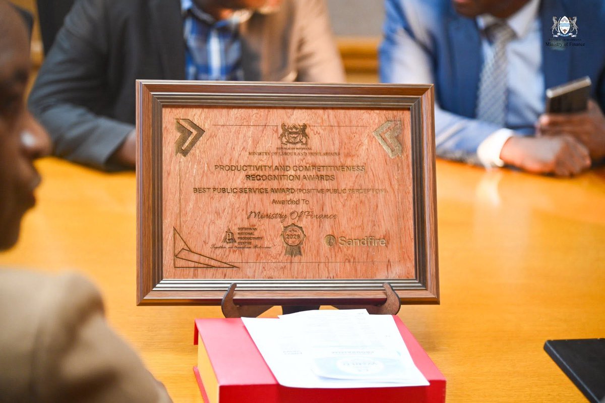 finance_bw's tweet photo. MINISTRY OF FINANCE CELEBRATES NATIONAL PRODUCTIVITY AWARD 
The prestigious award,  was conferred on the Ministry after it attained the highest overall performance rating among eighteen (18) Government Ministries from June 2025- 2026. https://t.co/woS0RQLJ33