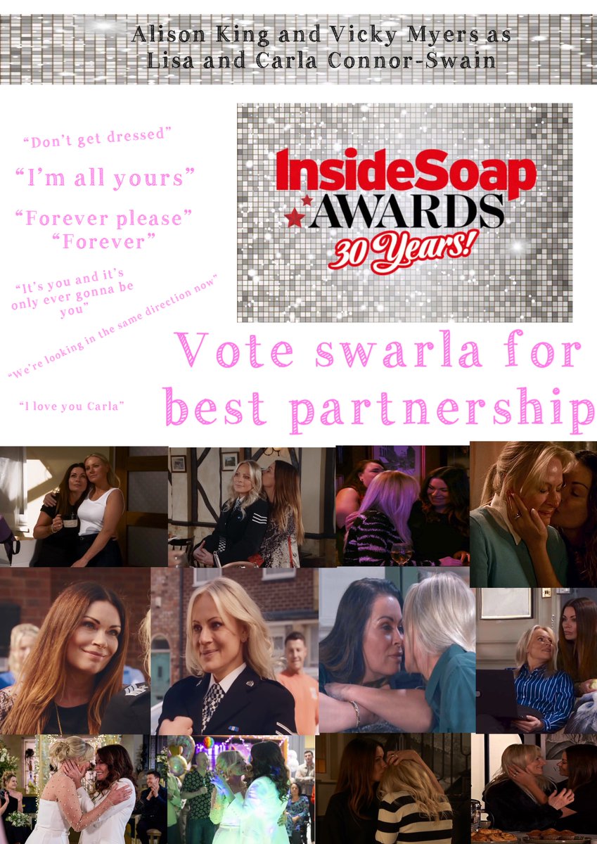 LanaKlaineSWEN's tweet photo. 🏆 Voting is now open 🏆

-Vote for Ali and Vicky aka Swarla for best partnership 
-Vote Vicky Myers for best actress 
- Write in Alison King for soap superstar 
(Voting closes 21st August) #Corrie #Swarla

LINK TO VOTE: https://t.co/VMqv9uLSEY https://t.co/CE1wYsJnxQ