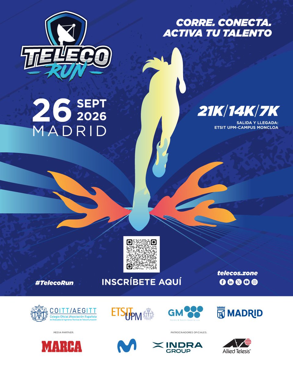 coitt_aegitt's tweet photo. ¡Abiertas las inscripciones para Teleco Run 2026! 🏃‍♂️

El sábado 26 de septiembre, la ETSIT-UPM Moncloa acogerá esta carrera urbana con tres distancias: 7 km, 14 km y media maratón (21 km). Una oportunidad para correr, conectar con otros profesionales y activar tu talento.

🎟️ Inscripción y más info en https://t.co/o4fIVd38AN

📍 Salida y meta: ETSIT-UPM, Madrid
⏰ Salida: 10:00 h
🏆 Trofeos para categorías absolutas, subcategorías y ganadores de cada distancia

¡Corre, conecta y activa tu talento!

#TelecoRun #COITT #SomosTelecos #Running #Telecomunicaciones @telecoupm @La_UPM
