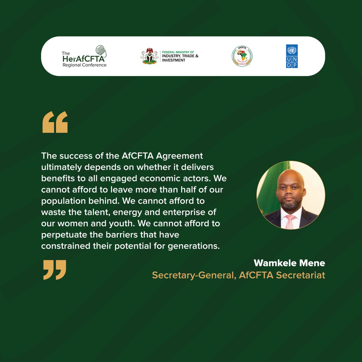 UNDPAfrica's tweet photo. Speaking at the #HerAfCFTA Regional Conference, @MeneWamkele made it clear that we cannot afford a market that works for only part of the continent. 🌍
Women and youth, he stressed, have to be at the centre of implementation, not an afterthought to it.
#WomenInTrade #AfCFTA https://t.co/3iGCqF0Efe
