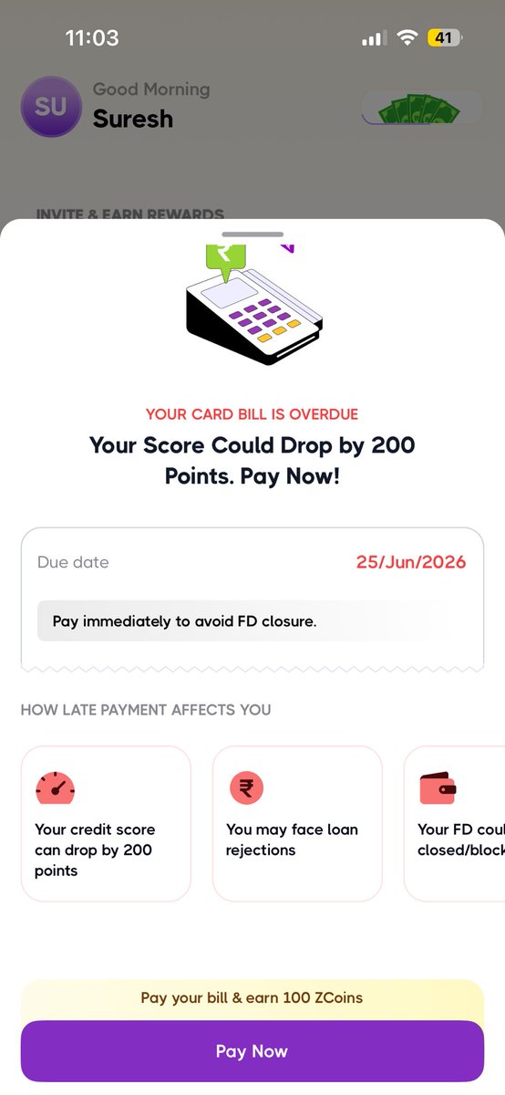 SureshAndem's tweet photo. @sbmbankindia My ZET app incorrectly shows my card bill as overdue and says my credit score may drop by 200 points, even though my last statement shows ₹0 outstanding. I’ve already emailed support with no response. Please resolve this urgently. Screenshot attached. https://t.co/DCO81XJQvL