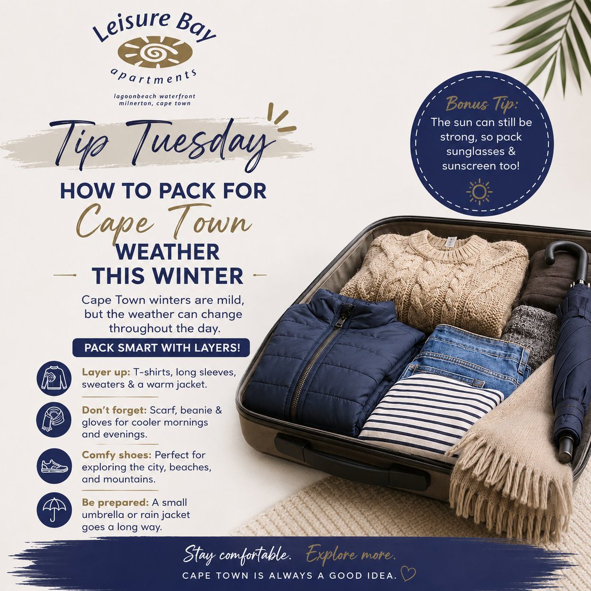 BeachfrontCape's tweet photo. 🍃 Tip Tuesday | Pack Smart for Cape Town Winter❄️

Cape Town's winter is full of surprises! One moment it's crisp and sunny, the next you're reaching for a jacket. The secret? Pack layers so you're ready for every adventure—from beachfront walks to city exploring. https://t.co/YeJuy6k3NN