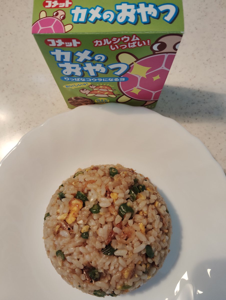emotoremi's tweet photo. 焼き飯(カメのおやつ入り)を食べました🐢
知り合いが家族の亀のオヤツが賞味期限に近いから捨てると言うので
「亀が食べれるなら人間でも食べられるのでは？捨てるならください」って言ったら
「あ？亀の餌を食べるの？配信の企画？」ってドン引きされました🦐

#焼き飯
#焼飯
#亀の餌
#カメのおやつ https://t.co/AO2wAWOMYx