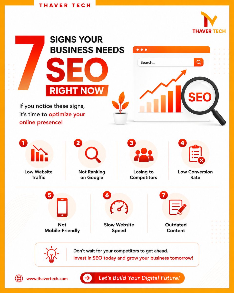thavertech__'s tweet photo. 📈 Is your business struggling to get found online?

If your website isn't bringing in traffic, leads, or sales, it might be time to invest in SEO.

Here are 7 signs your business needs SEO right now!
.
.
.
 #SEO #SearchEngineOptimization #SEOTips #DigitalMarketing #ThaverTech https://t.co/o0G1sQUmQ2