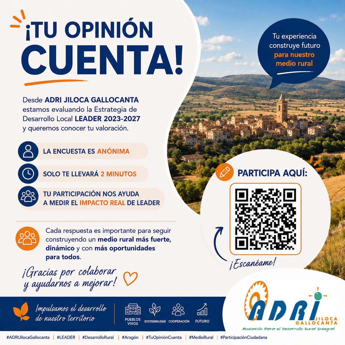 AdriJiloca's tweet photo. ¡Tu opinión cuenta!
Desde ADRI JILOCA GALLOCANTA estamos evaluando la Estrategia de Desarrollo Local LEADER 2023-2027 y queremos conocer tu valoración.
Participa aquí:
https://t.co/MldvkSlZ8J
¡Gracias por colaborar y ayudarnos a mejorar!
#ADRIJilocaGallocanta #LEADER https://t.co/V3xPvDMPpm