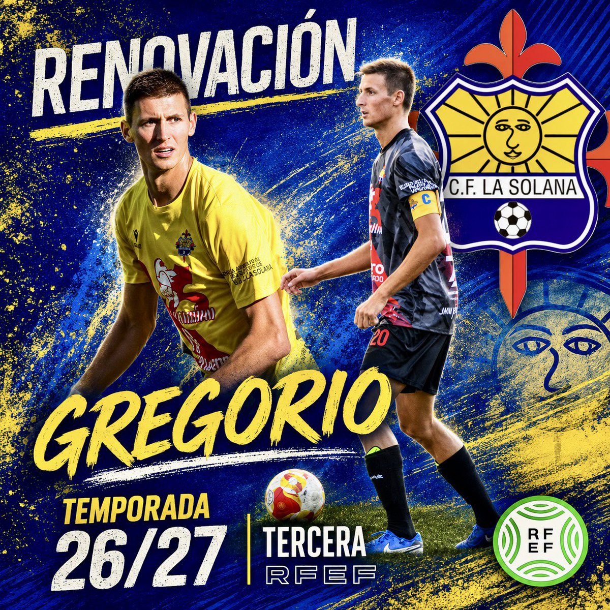 Cflasolana's tweet photo. ✅RENOVADO✅

Gregorio fue el primero en anotar un gol en la liga 25/26 y esta temporada vuelve a ser el primero, pero esta vez en renovar. El defensa solanero seguirá defendiendo los colores de su pueblo una temporada más.

💛💙 https://t.co/g9czrZmlxx
