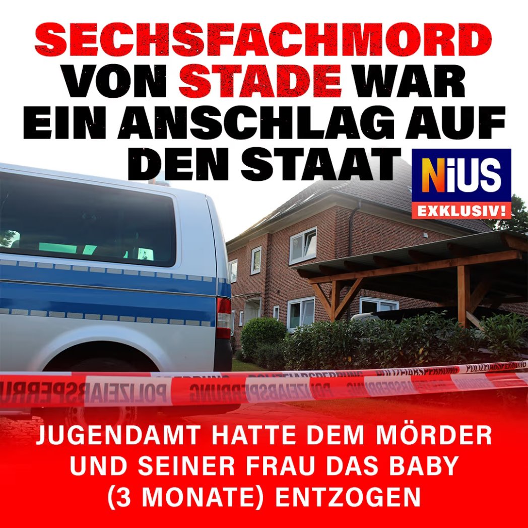 jreichelt's tweet photo. BREAKING NIUS: Nach exklusiven NIUS-Informationen war der sechsfache Mord von Stade ein Rache-Anschlag auf den Staat. Hintergrund: Behörden hatten dem Killer und dessen Frau das Sorgerecht für das Baby (3 Monate) entzogen, da es Anzeichen eines Schütteltraumas zeigte. Der türkische Staatsbürger rächte sich blutig dafür, erschoss sechs Menschen in einer Jugendeinrichtung, in der ein Klärungsgespräch über das Sorgerecht stattfinden sollte. Damit bekommt die Tat eine massive politische Dimension. https://t.co/DA2lBmzXgn