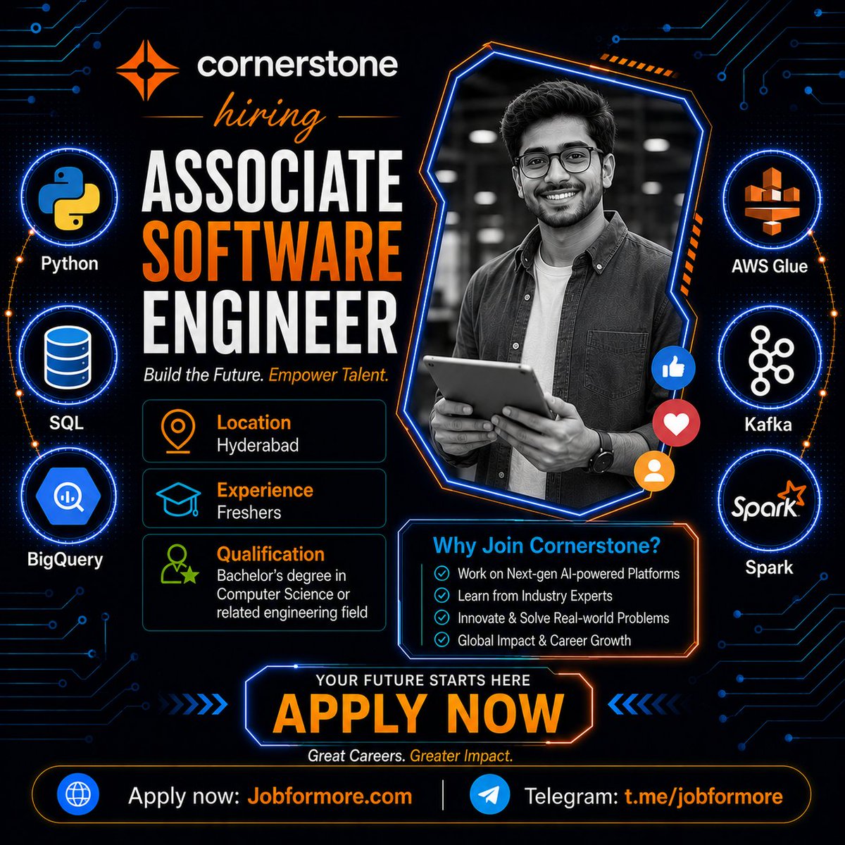 jobformore's tweet photo. 🚀 Associate Software Engineer @ Cornerstone
📍 Hyderabad | Freshers
🎓 BE/BTech
💻 Python, SQL, BigQuery, AWS Glue, Kafka, Spark

#Jobformore #Cornerstone #AssociateSoftwareEngineer #FreshersJobs #TechJobs

Apply: https://t.co/qd5kKA6EG7 https://t.co/R4EOv5blst