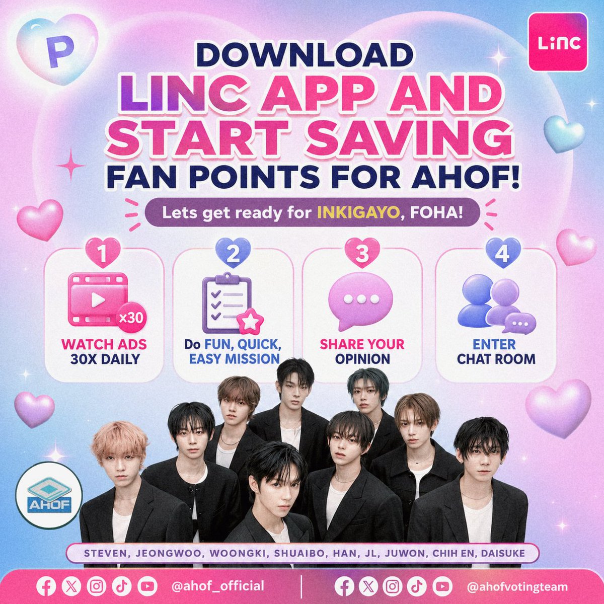 AHOFVOTINGTEAM's tweet photo. 🩷 KEEP COLLECTING FAN POINTS FOR AHOF, FOHA! 🩷

Let's continue saving Fan Points on the LINC app as we prepare for INKIGAYO. Every point we collect today will help us support AHOF in future voting rounds! ✨

📌 Ways to Get FREE Fan Points:
✅ Watch Ads (30x Daily)
✅ Complete Fun, Quick & Easy Missions
✅ Share Your Opinion
✅ Enter the Chat Room

A few points collected every day can make a huge difference when we work together. Stay consistent, keep saving, and let's be ready to give AHOF our best support!

🩷 Keep collecting, keep saving, and let's make every Fan Point count for AHOF! 🩷

#아홉 #AHOF
@AHOF_official