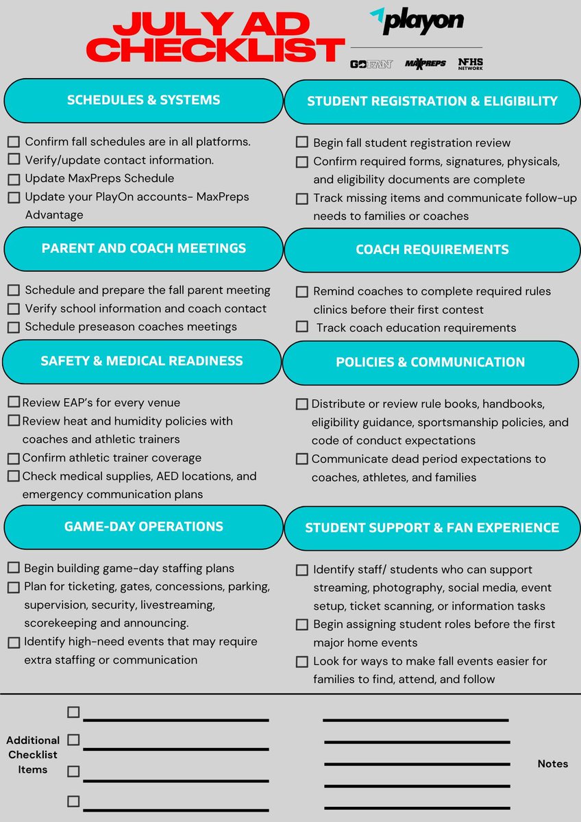 MikeHartPlayOn's tweet photo. Crazy to think fall sports are just a few weeks away.
July is when the season starts taking shape: schedules, eligibility, coach requirements, safety plans, and game-day staffing.
A little structure now can save a lot of stress in August.
What else is on your AD checklist? https://t.co/Xpu9sEzLyk