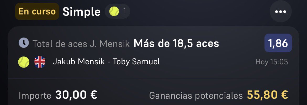 Cabezabets's tweet photo. NUEVA APUESTA 💣

‼️STK 3 (@ 1,86)‼️

📌  Jakub Mensik - Toby Samuel
(ATP Wimbledon 🎾)
👉 Mensik realiza +18,5 aces https://t.co/rs0Y4rsePl