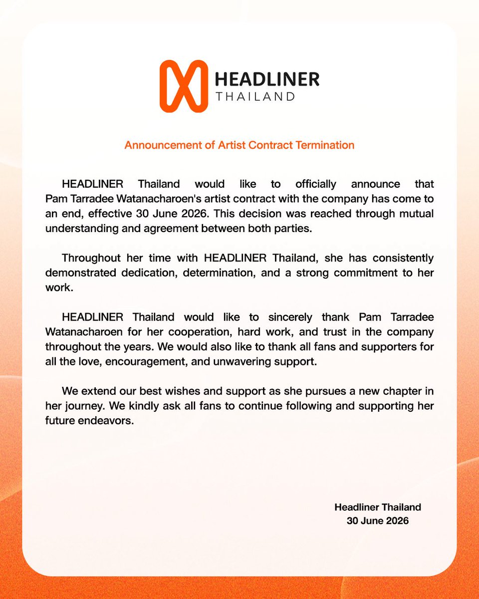 HeadlinerTH's tweet photo. ประกาศการสิ้นสุดสัญญาการเป็นศิลปิน

ขอส่งความปรารถนาดีในการก้าวสู่เส้นทางใหม่ และเชื่อมั่นว่าศิลปินจะยังคงสร้างสรรค์ผลงานที่มีคุณค่าให้แฟน ๆ และผู้ติดตามได้ชื่นชมต่อไป

#HeadlinerTHArtist https://t.co/I7Ac3oLtPC