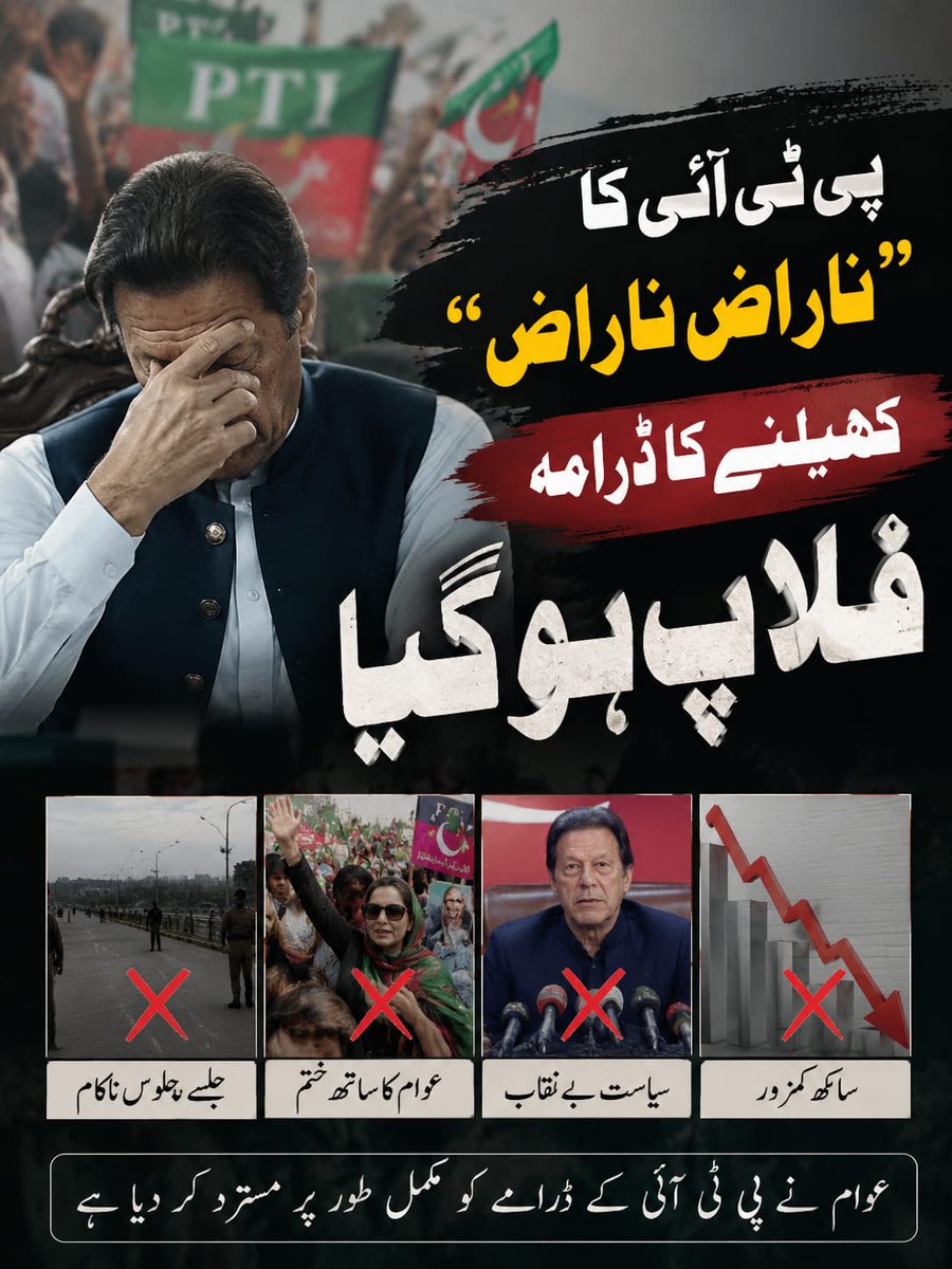 AhmedRehan75320's tweet photo. پی ٹی آئی کا "ناراض ناراض" کھیلنے کا سیاسی ڈرامہ بری طرح فلاپ ہو چکا ہے۔
کمزور ساکھ، بے نقاب سیاست اور جلسے جلوسوں کی ناکامی اس بات کا ثبوت ہے کہ عوام کا ساتھ اب ختم ہو گیا ہے اور انہوں نے اس ڈرامے کو مکمل طور پر مسترد کر دیا ہے۔

#IndusWatersTreaty
#PeacemakerCDF
#Newt
#salı https://t.co/96BxzsRwf4