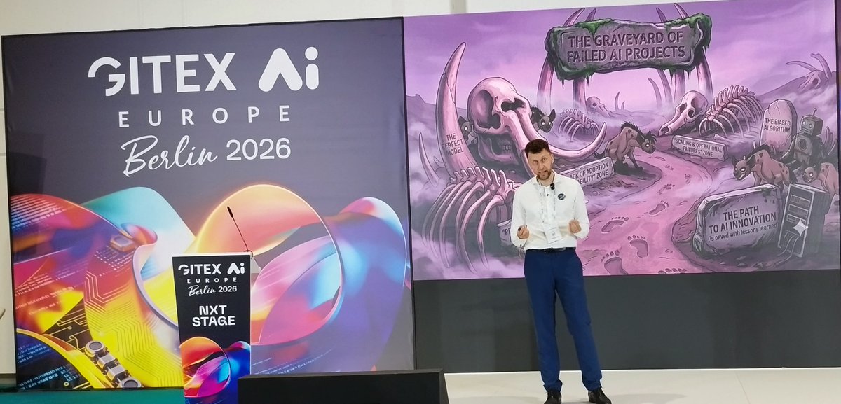 TimHoebeek's tweet photo. An atypical session at @GITEXEUROPE by @mszymani titled Questions nobody asks before building AI. Daring title and a presentation with interesting insights, not limitless optimism for a change... https://t.co/CJiHE8ziIt