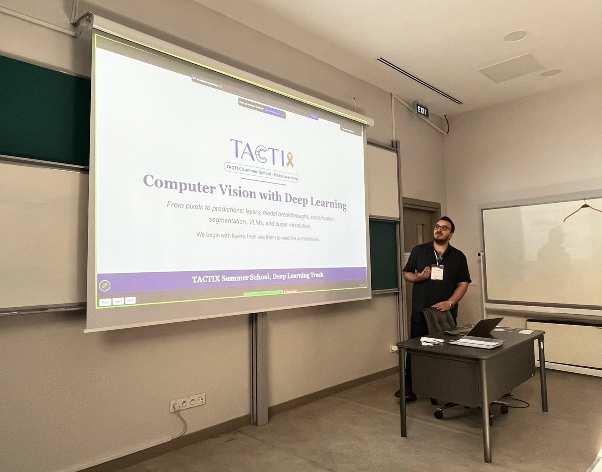 TACTIX_Twinning's tweet photo. 🧠 #TACTIXSummerSchool2026 Day 2 started with:

🔹 DL for classification, segmentation, super-res &amp; VLMs — Said Aldemir, Abdullah Baş
🔹 MRI reconstruction via DL — Tolga Çukur
🔹 Practicals — Baş, Aldemir, Ayşe İrem Çetin, Gülce Turhan

#TACTIX #Twinning 
#HorizonEurope https://t.co/0SBFTwykYT