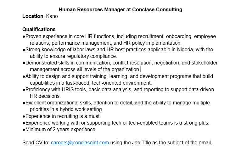 Robinhood0r's tweet photo. HIRING, Human Resources Manager 🔔
Location: Kano

Send CV to: careers@conclaseint.com https://t.co/fnUZZ77Doi